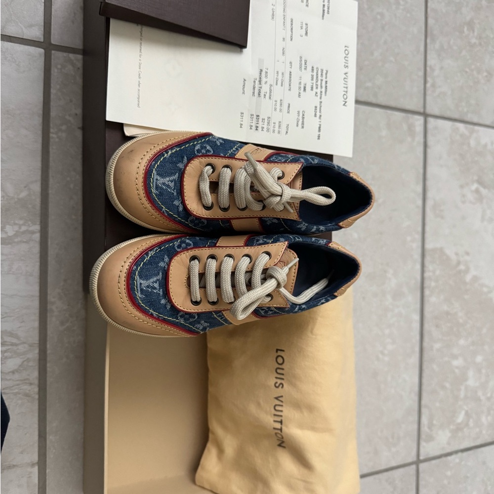 Louis Vuitton Denim Monogram Kids Sneakers in Blue, Tan & Cream sz 28 kids